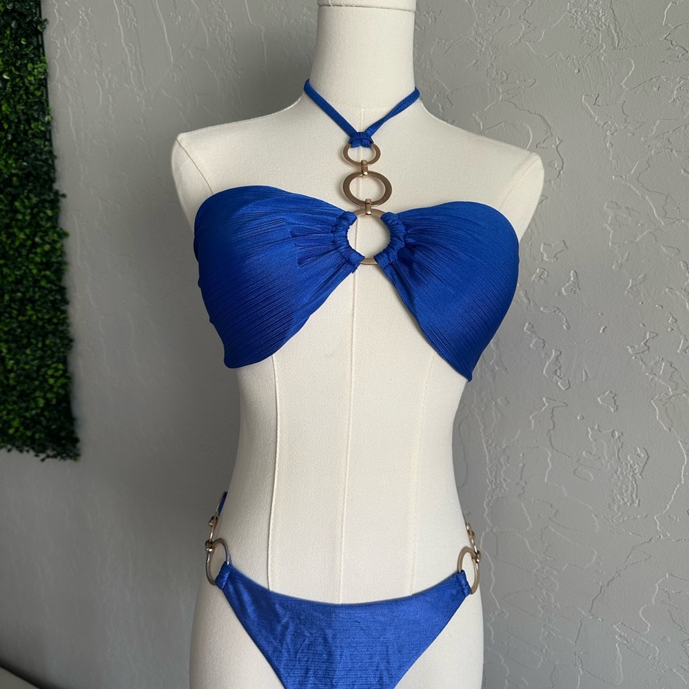 Blue Halter Bikini with Gold Accents